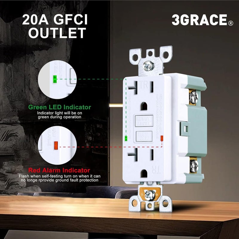3GRACE 20 Amp GFCI Outlet, Tamper-Resistant GFI Receptacle with LED Indicator, Self-Test Ground Fault Circuit Interrupter, Decorator Wall Plates and Screws Included, UL Listed, White（10 Pack） - Image 4